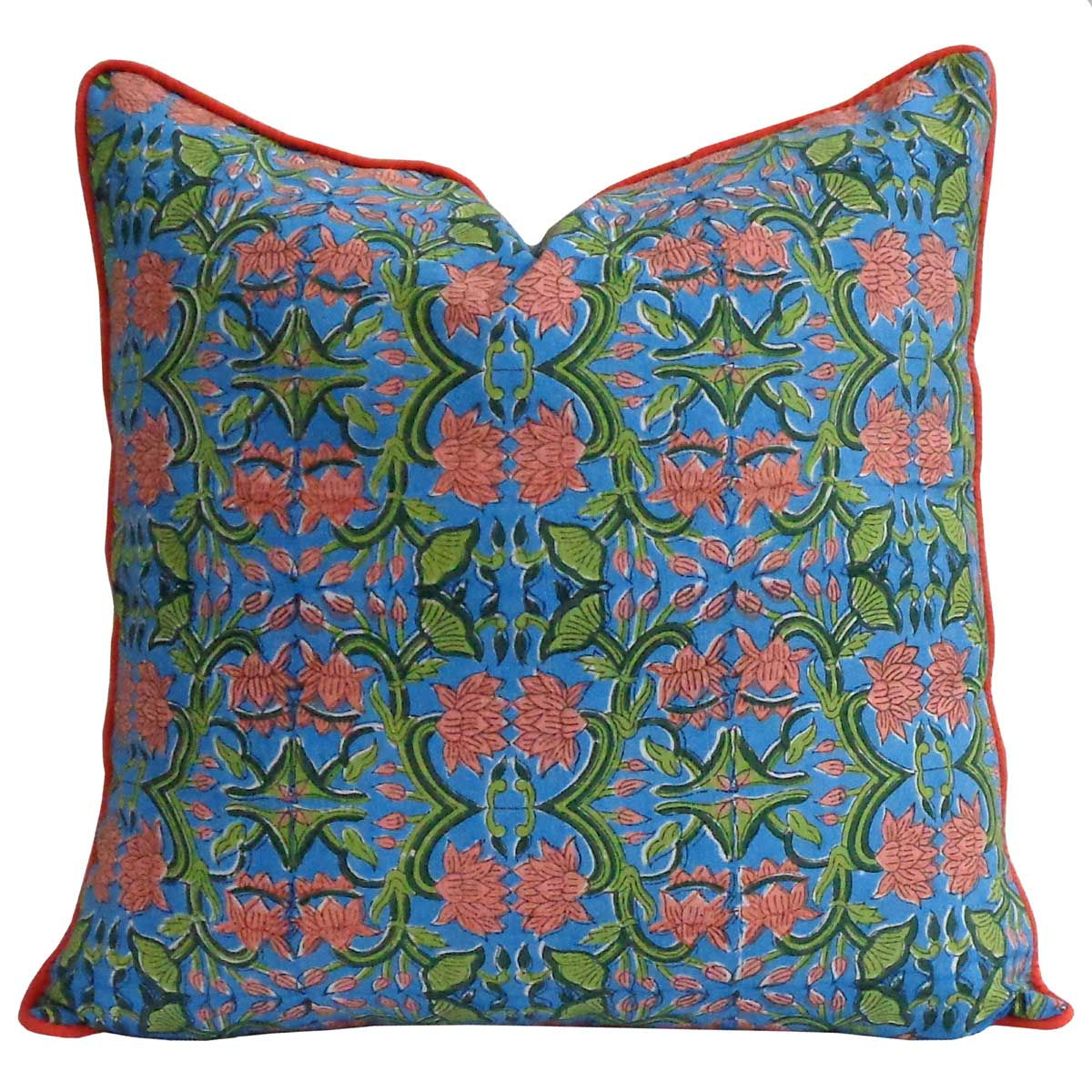 Lotus Green Hand Block Print Cotton Cushion Cover with Pipin