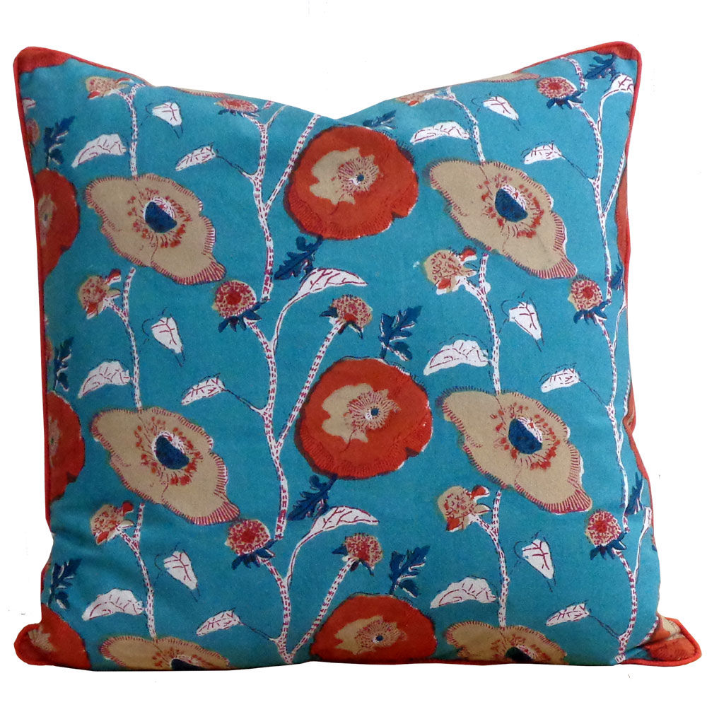 Teal Hand Block Print Cotton Cushion Cover with Pipin