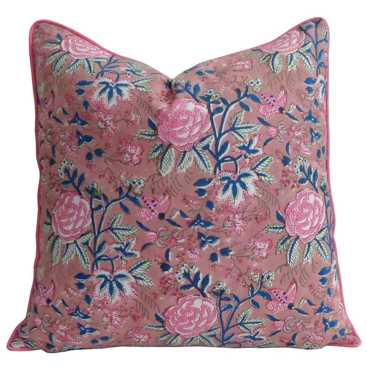 Misty Rose Hand Block Print Cotton Cushion Cover with Piping
