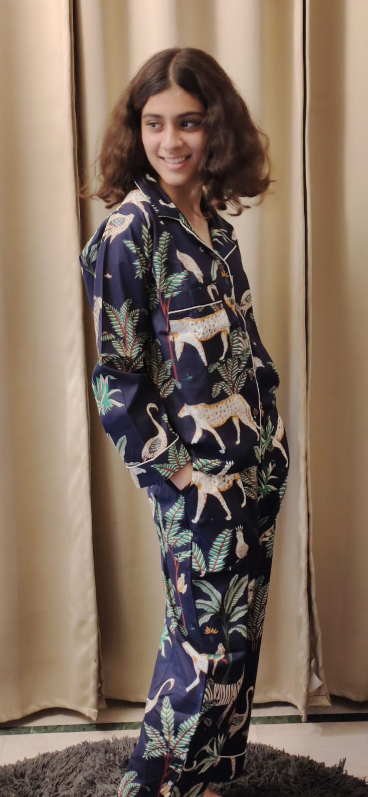 Thumbnail: Cotton Tiger Print Long Pyjamas Set - Dark Blue Safari