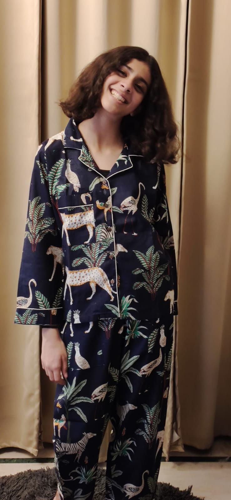 Thumbnail: Cotton Tiger Print Long Pyjamas Set - Dark Blue Safari