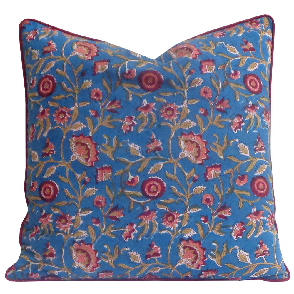 Kashida Hand Block Print Cotton Cushion Cover with Piping