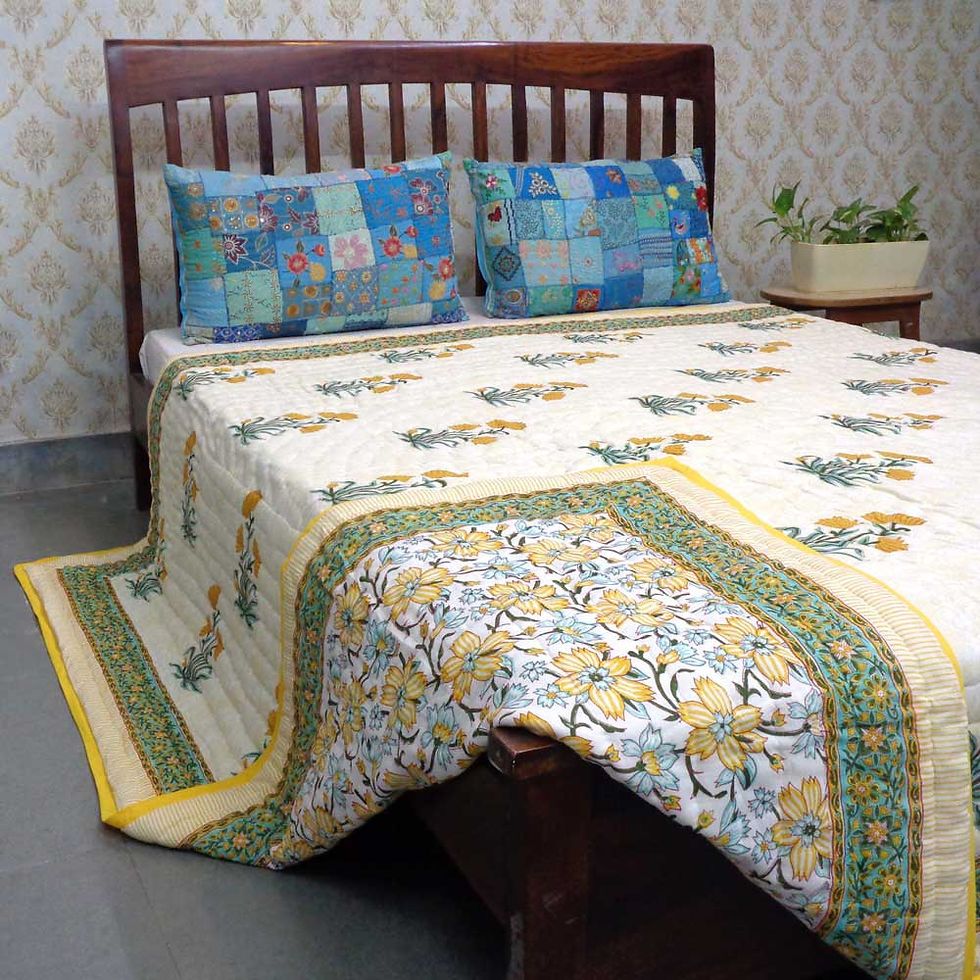 Thumbnail: Hand Block Printed Reversible Queen Size Quilt
