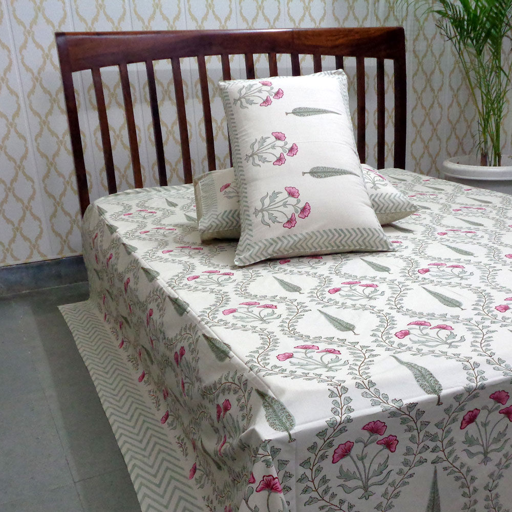 Block Print 200 Thread Count Percale Cotton Bedspread with 2 Pillow Cases
