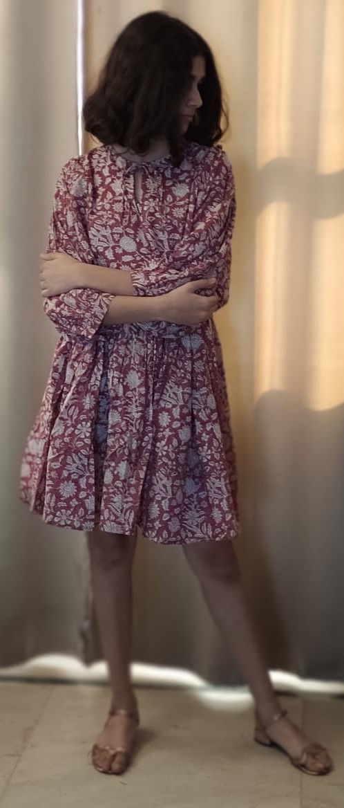 Thumbnail: Block Printed Cotton Short Dress - Floral Pink