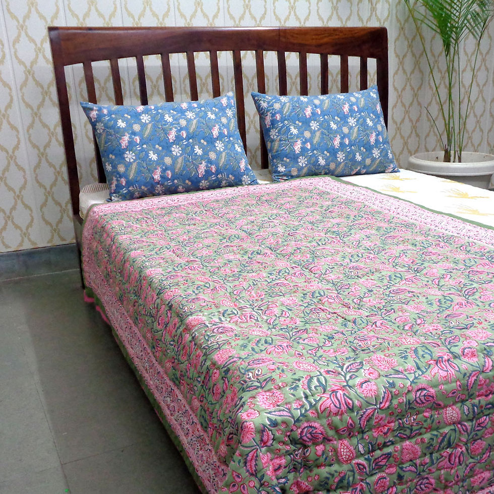 Thumbnail: Hand Block Printed Reversible Twin Size Quilt