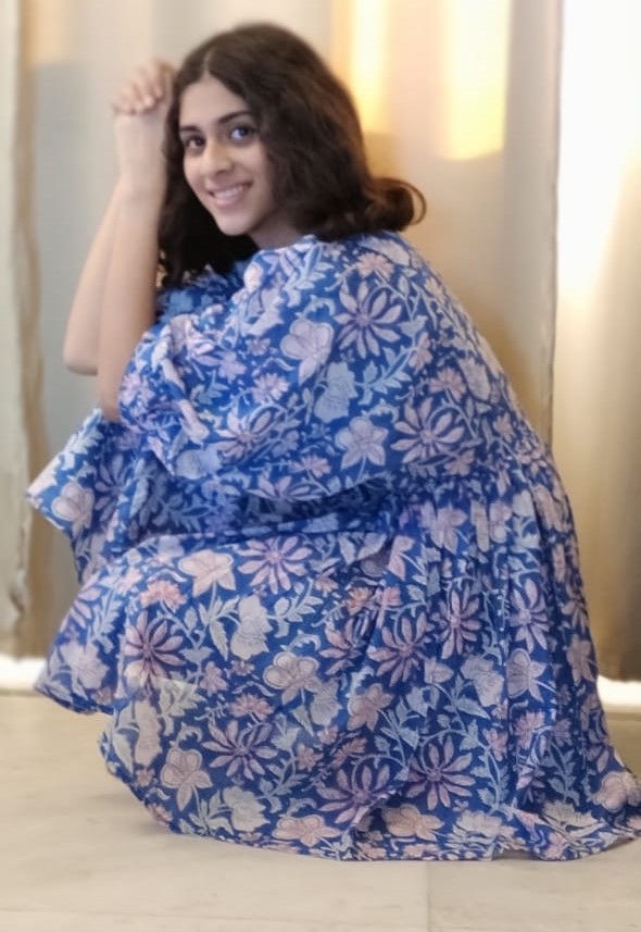 Thumbnail: Block Printed Cotton Short Dress - Neel Phool Chakri