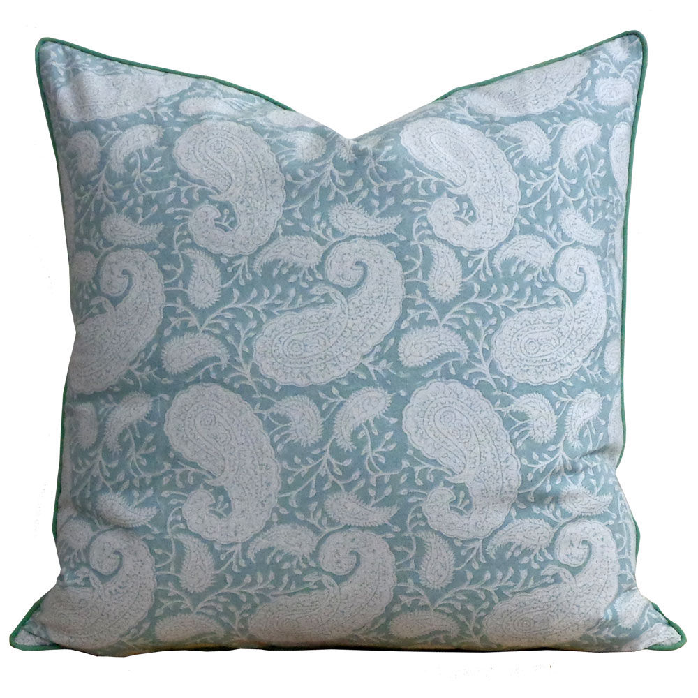 Paisley Mineral Hand Block Print Cotton Cushion Cover with Piping