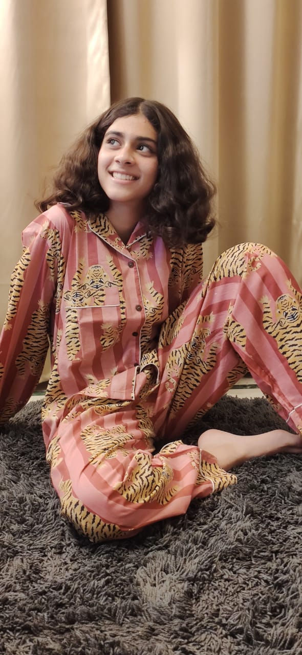 Thumbnail: Cotton Tiger Print Long Pyjamas Set - Dust Pink