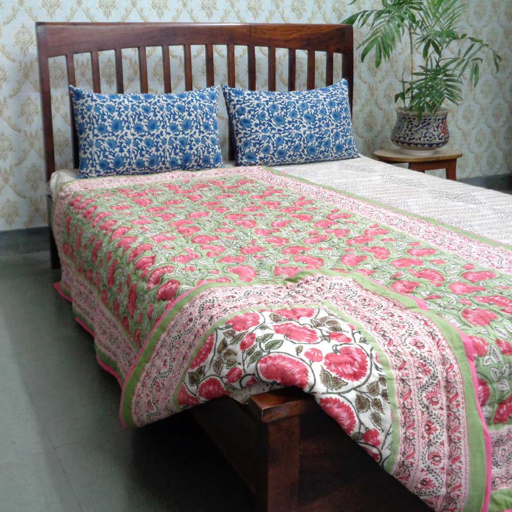 Hand Block Printed Reversible Twin Size Quilt