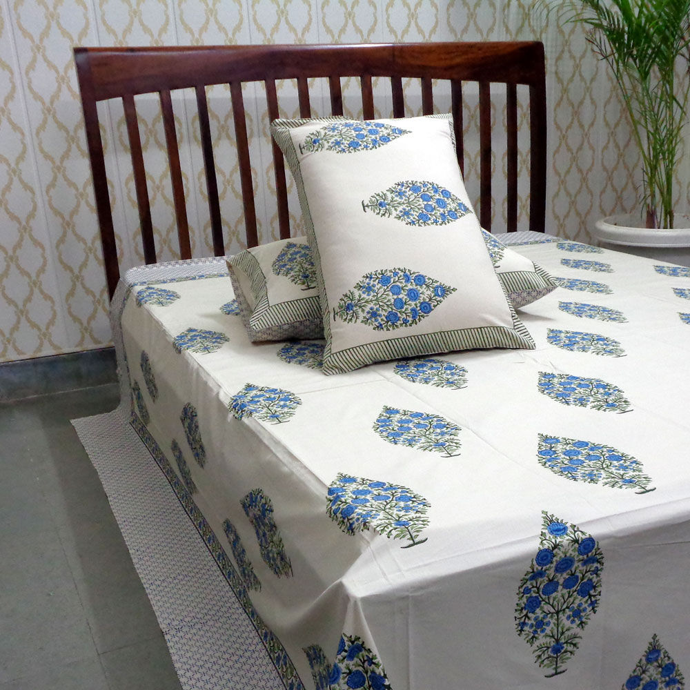 Block Print 200 Thread Count Percale Cotton Bedspread with 2 Pillow Cases