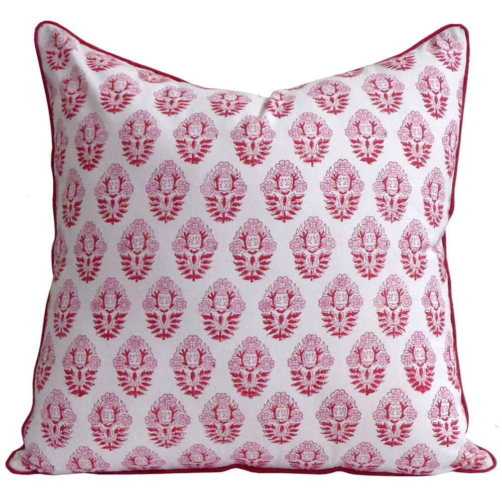Boota Red Hand Block Print Cotton Cushion Cover with Piping