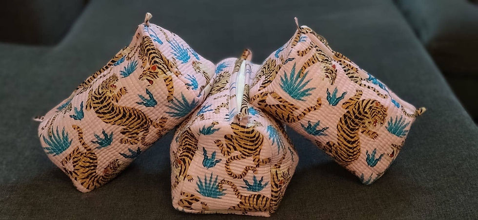 Thumbnail: Baby Pink Tiger Print Cotton Travel/ Makeup Bag/Cosmetic Bag