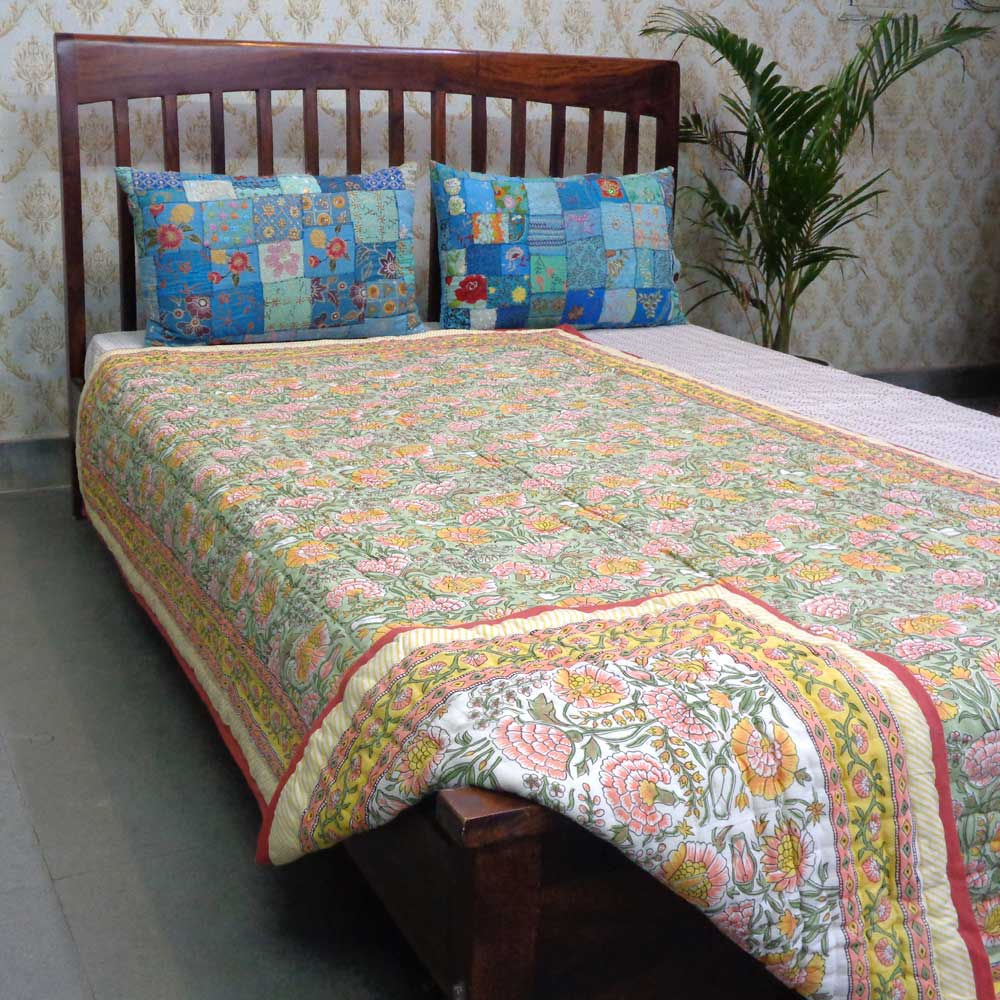 Hand Block Printed Reversible Twin Size Quilt