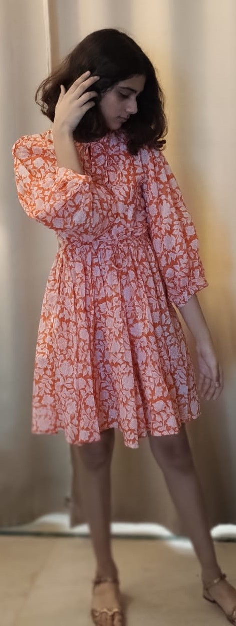 Thumbnail: Block Printed Cotton Short Dress - Naarangi