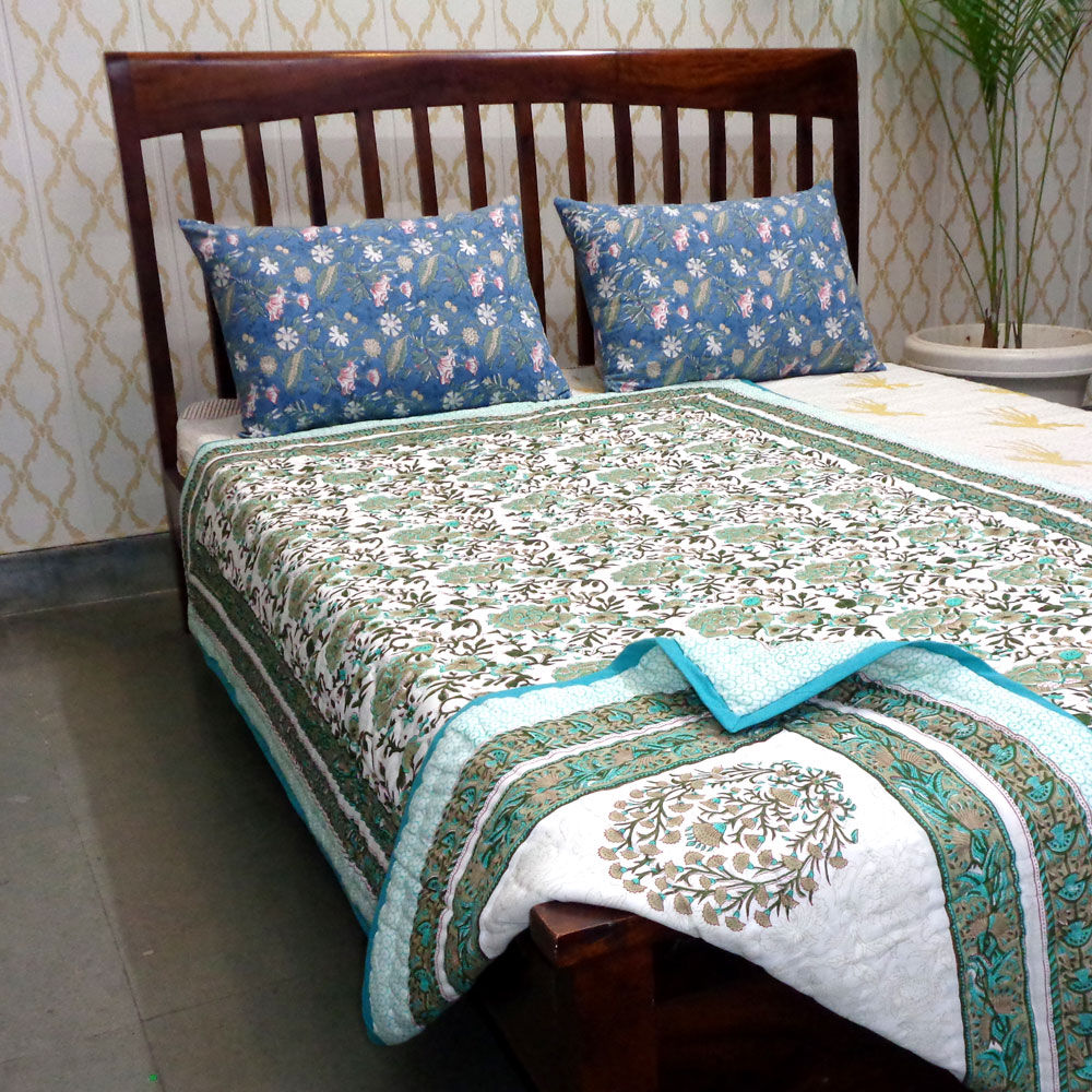 Hand Block Printed Reversible Twin Size Quilt