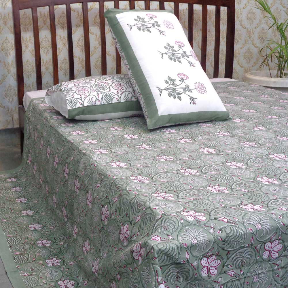 Hand Block Print Cotton Bedspread with 2 Pillow Cases
