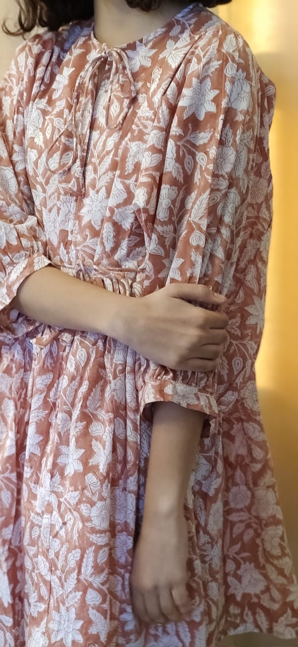 Thumbnail: Block Printed Cotton Short Dress - Brown Phool