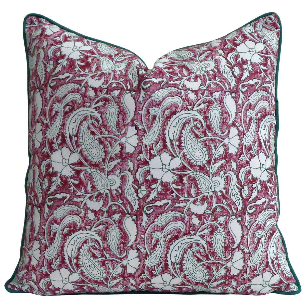Paisley Rose Vine Hand Block Print Cotton Cushion Cover with Piping