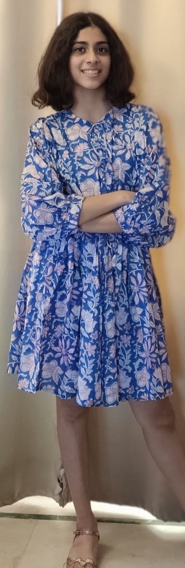 Thumbnail: Block Printed Cotton Short Dress - Neel Phool Chakri