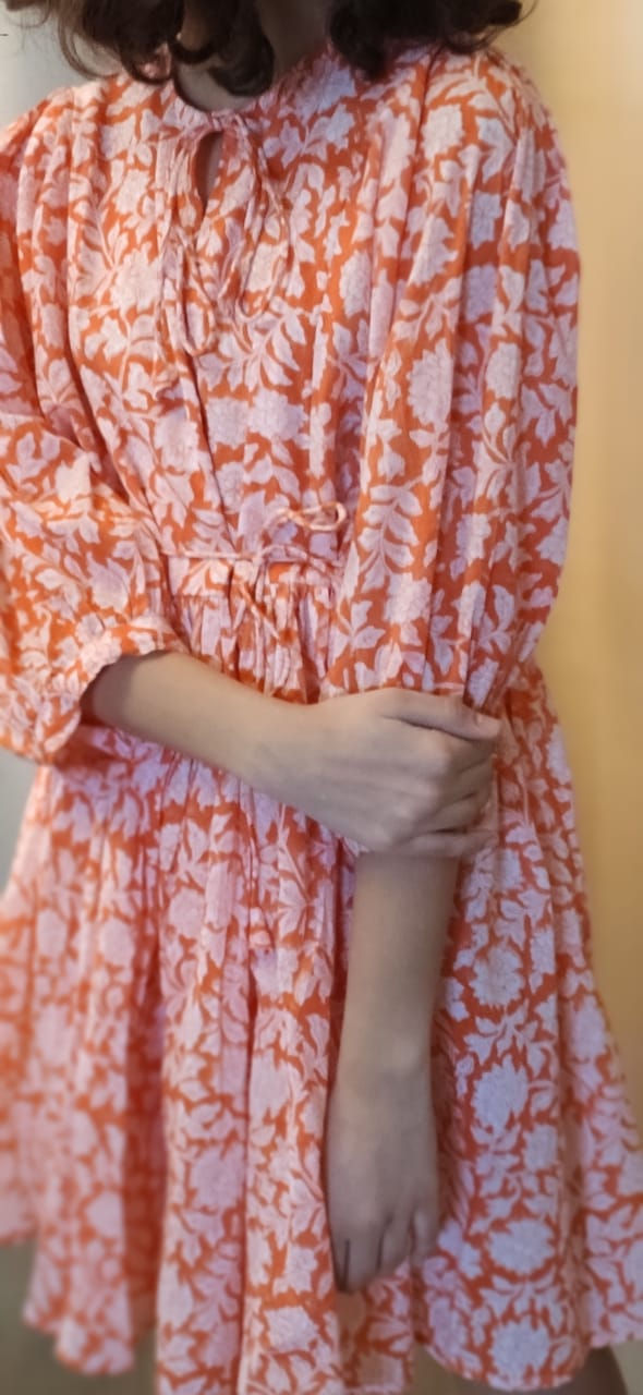 Thumbnail: Block Printed Cotton Short Dress - Naarangi