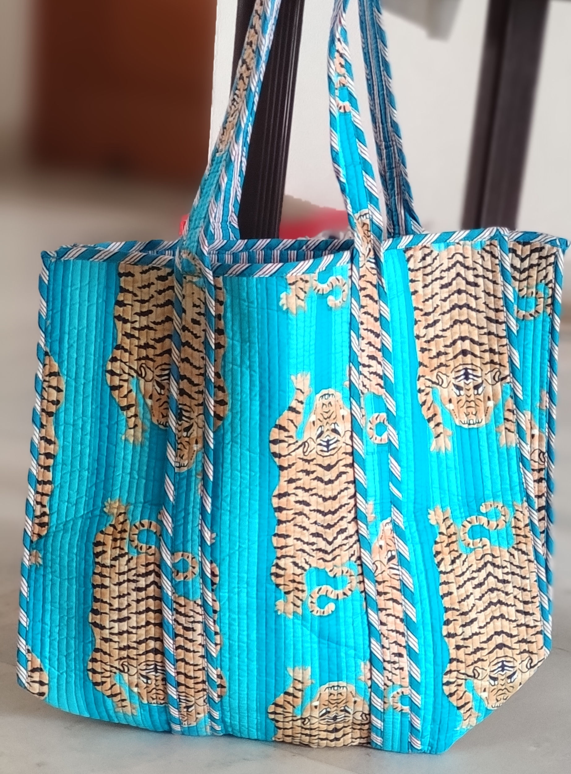 Turquoise Blue Tiger Cotton Quilted Tote Bag