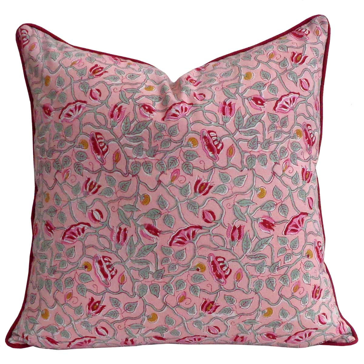Waterlily Pink Hand Block Print Cotton Cushion Cover with Piping