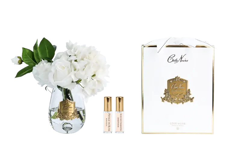 COTE NOIRE - TEA ROSE & HYDRANGEA IN CLEAR GLASS - WHITE
