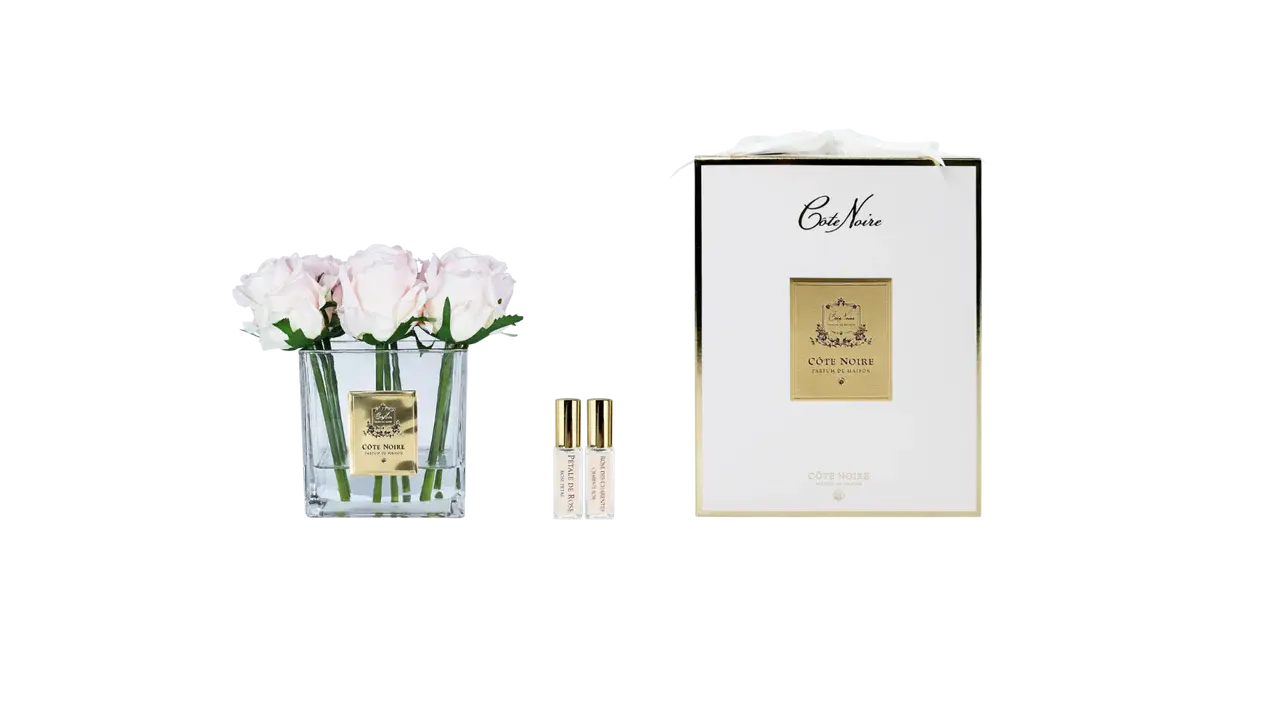 CÔTE NOIRE - CUBE - 9 ROSE BUDS - CLEAR GLASS - CHAMPAGNE PINK