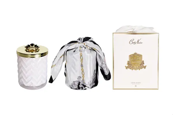 COTE NOIRE - HERRINGBONE WHITE VASE, GOLD LID, BROOCH & SCARF