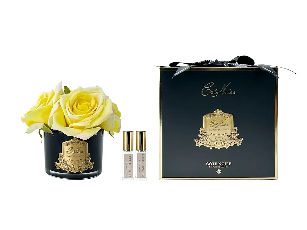 COTE NOIRE - 5 ROSES - BLACK VASE - YELLOW ROSES