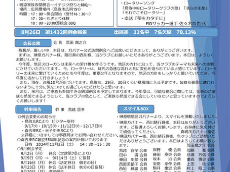 第1433回例会|2024/9/14 NO.5|鳥取中央ロータリークラブ週報
