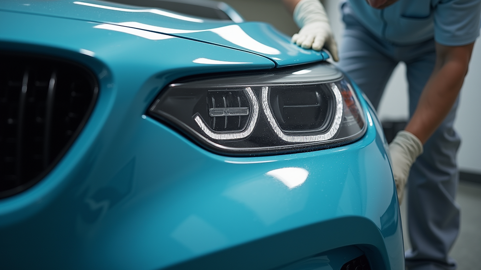 Eye-level view of a professional valeter applying ceramic coating to a car