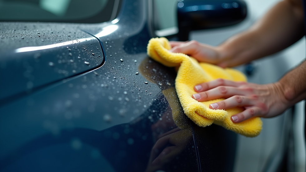 Close-up view of a car being detailed with a microfiber cloth on the door panel