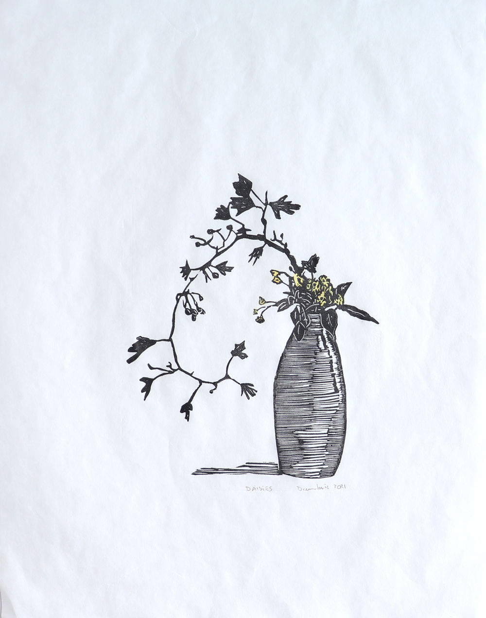 japandi style lino print art with daisies in a tall vase