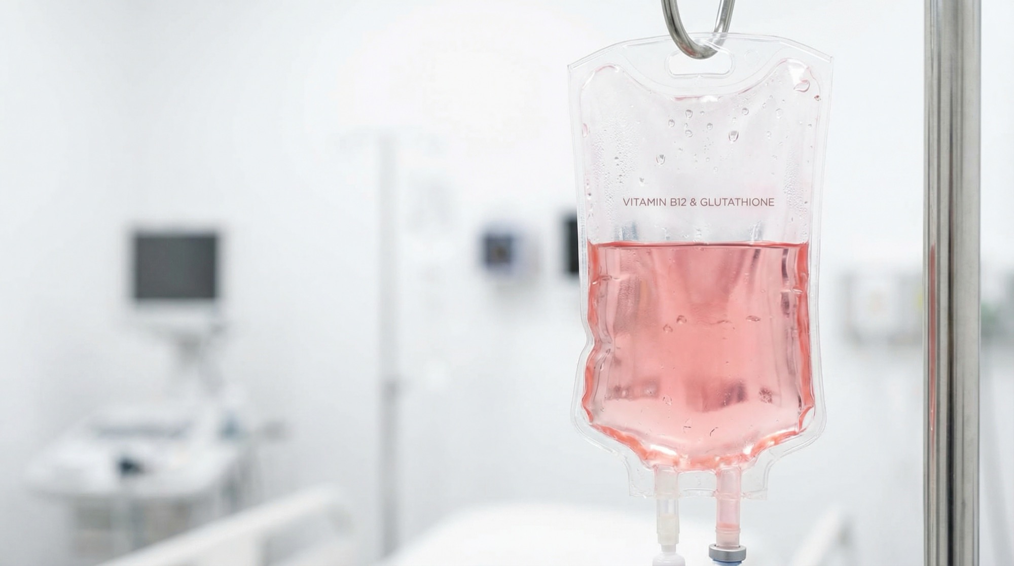 A pink-tinted IV bag labeled Vitamin B12 and Glutathione hanging in a clinical room