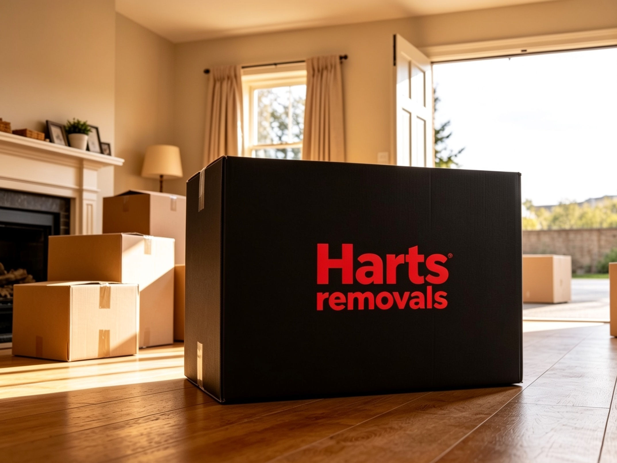 Harts removals box in a house ready for moving