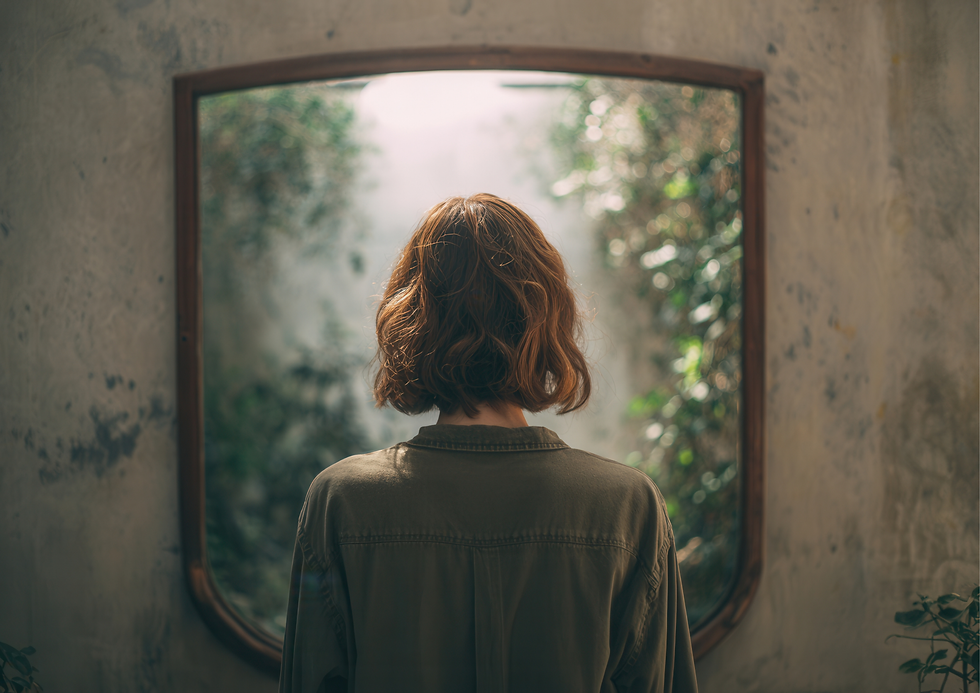Person with short brown hair in green jacket, facing a large window with lush greenery outside. Soft light creates a serene mood.