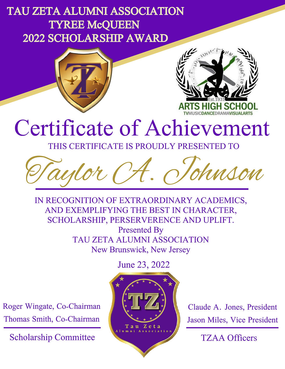 Tyree McQueen Certificate - Taylor