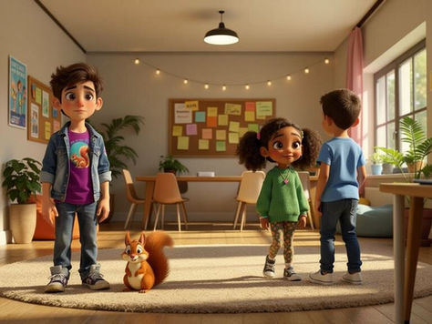 Sotos stands in a youth club space with Rudy sitting beside him, while Jola chats with a young boy nearby.