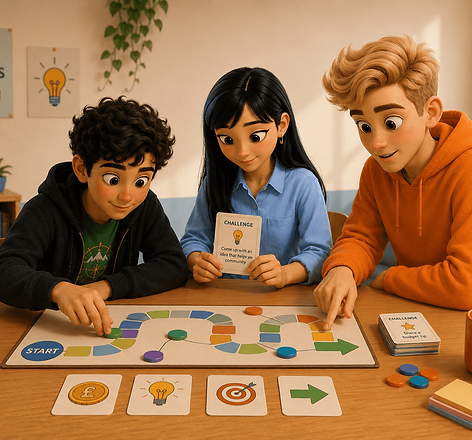 Sotos, Ju Won and Archie working together on a group activity with cards, tokens and a next-step board.