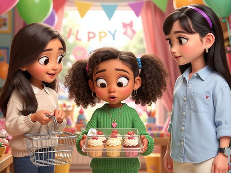 Jola stands in a colourful party shop holding a box of cupcakes and thinking carefully about her choice. Reena holds a shopping basket while Ju Won watches thoughtfully beside her.