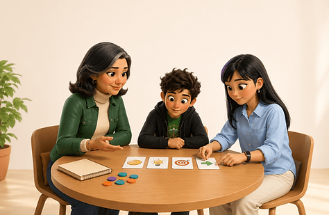 Penny, Sotos and Ju Won working together at a table with cards for money, ideas, goals and choices.
