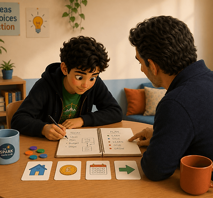 Sotos and a parent or carer looking at a shared plan with cards for home, money, goals and next steps.