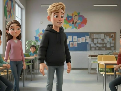 Archie stands in a youth club speaking casually to a small group of teens, sharing something he has learned.