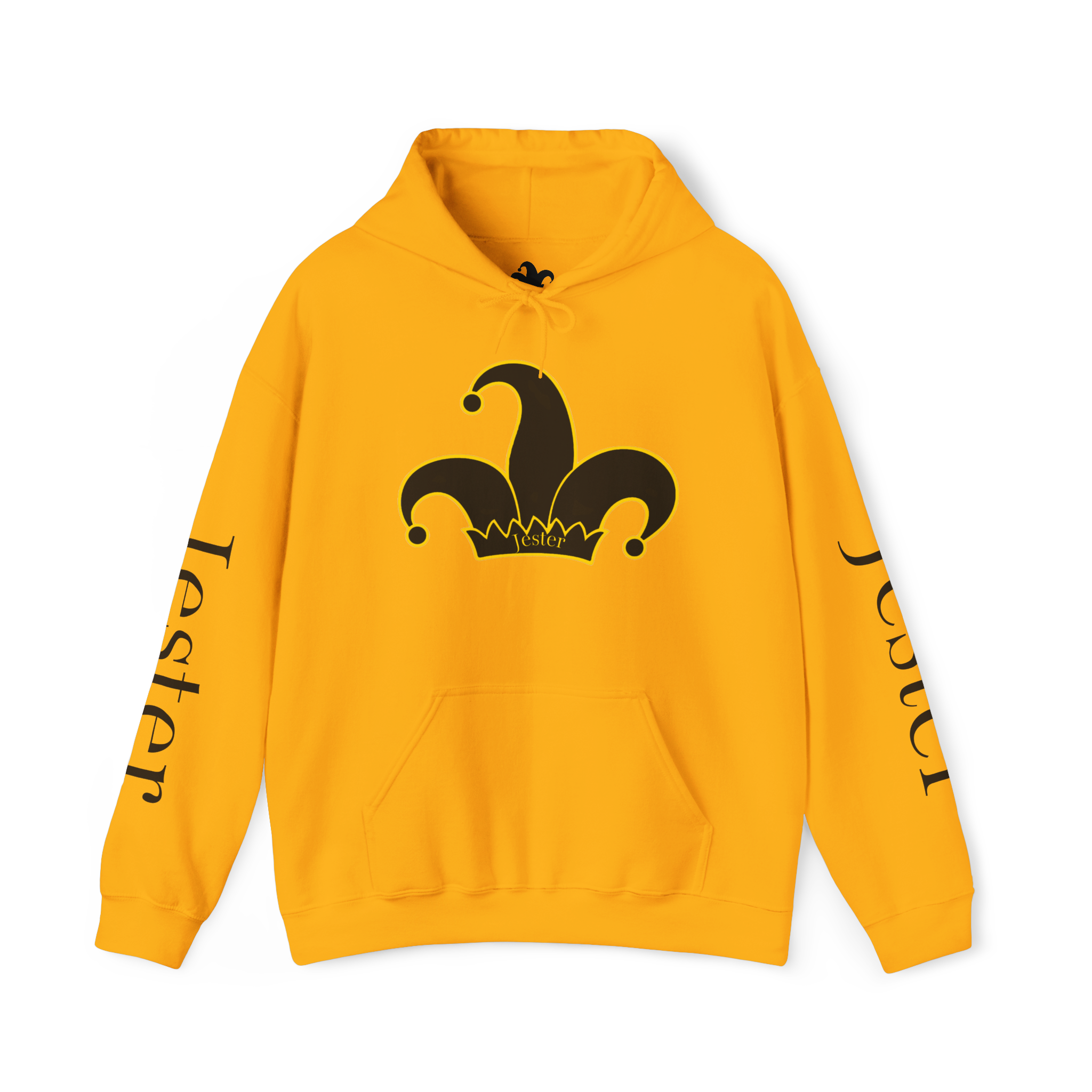 Jester Society Gold hoodie, Word Jester down sleeve(black), jester logo on chest and back. Front