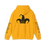 Thumbnail: Jester Society Gold hoodie, Word Jester down sleeve(black), jester logo on chest and back. Back