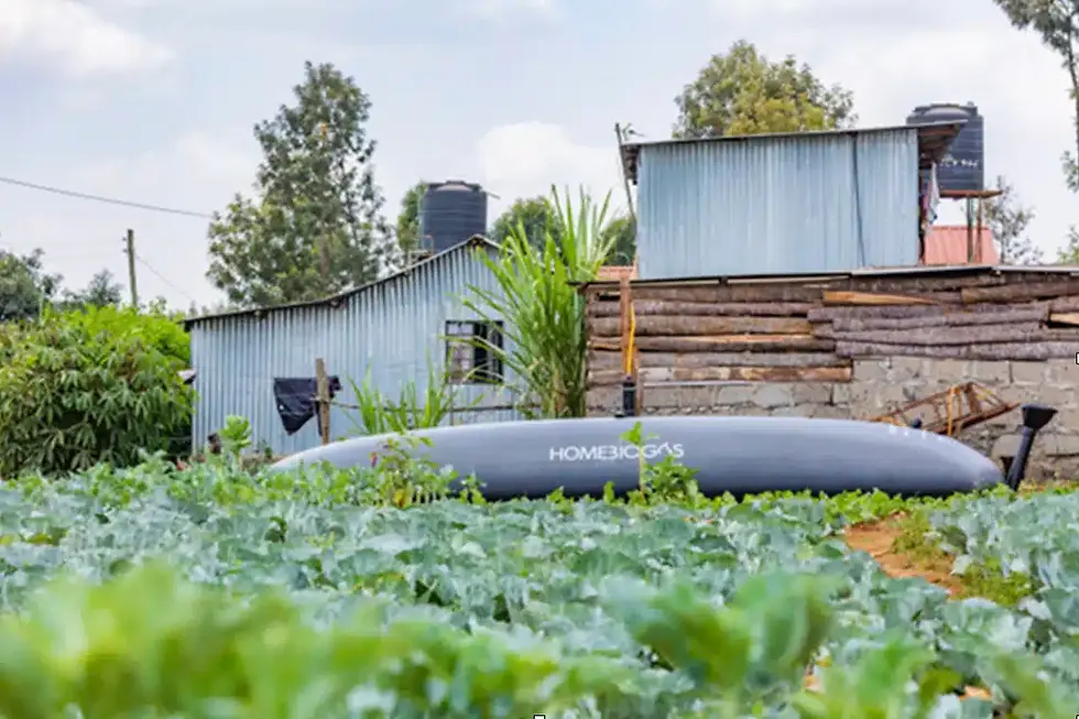Rural setting with a metal and wood building, surrounded by greenery. A dome labeled "HomeBiogas" is in front. Overcast sky in the background.