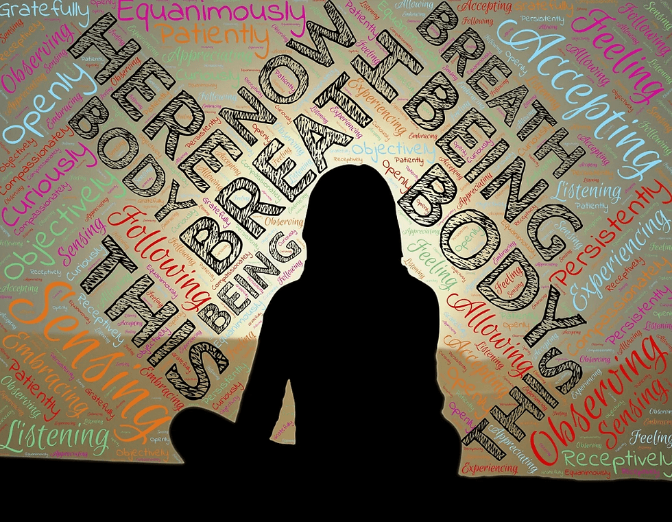 Silhouette of a person meditating with colorful inspirational words like 'breathe', 'patience', and 'being' in the background.