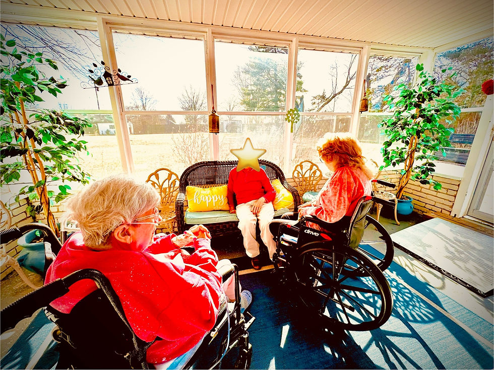 A group of seniors relaxing together in a cozy lounge area at Close to Paradise Assisted Living Facility. The scene includes comfortable armchairs and sofas arranged in a circle, fostering social interaction and companionship. Some residents are reading, while others are chatting or simply enjoying the peaceful environment. The space is warmly lit, with large windows offering views of a lush garden, creating a serene and inviting atmosphere. Keywords: seniors relaxing, group rest, assisted living lounge, elderly community, retirement facility, Close to Paradise.
